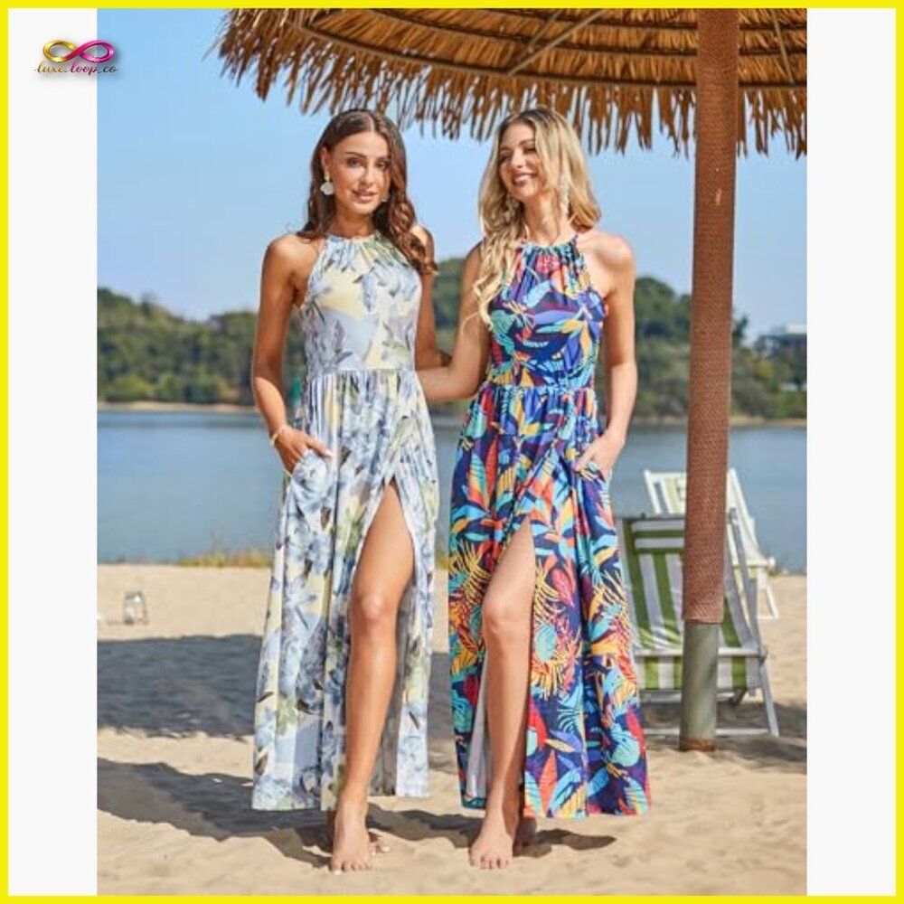 Floral Maxi Dress Boho Beach Vacation Summer Flowy Split Halter Backless - Picture 4 of 7